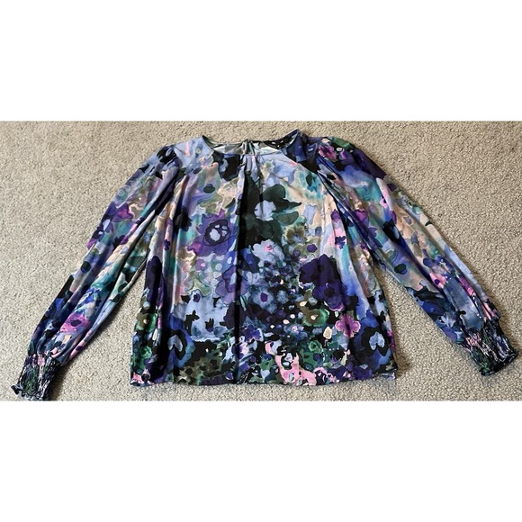 Disigual Floral Pleated Blouse S Blue Purple Long Sleeve Smocked Pullover Boho - Picture 4 of 12